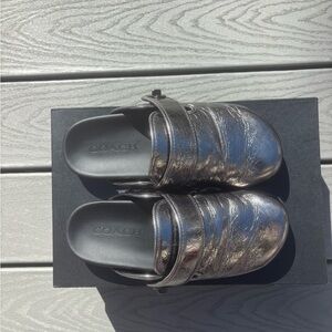 Coach Black Crinkle Metallic Leather Mule Clogs